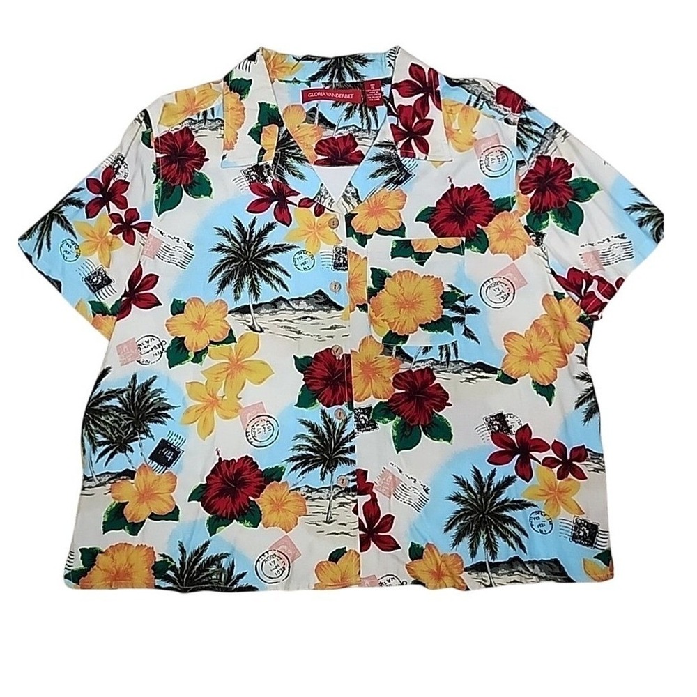 Gloria Vanderbilt Hawaiian Shirt XL Tropical Floral Button Up Short Sleeve Aloha